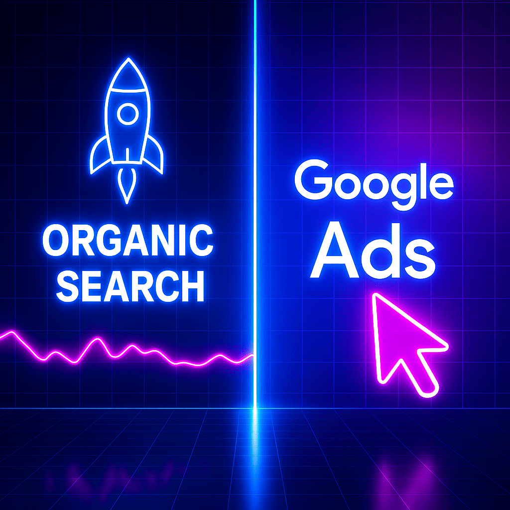 SEO עתידני זוהר מול גוגל ממומן - גרף צמיחה עיצוב נאון